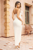 High Class White Bandeau Thigh Split Maxi Dress With Feather Trim