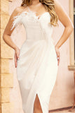 High Class White Bandeau Thigh Split Maxi Dress With Feather Trim