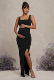Avril Black Square Neck Maternity Maxi Dress with Split