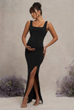 Avril Black Square Neck Maternity Maxi Dress with Split