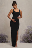 Avril Black Square Neck Maternity Maxi Dress with Split