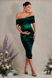 Alyssa Bottle Green Velvet Maternity Bardot Bow Maternity Midi Dress with Ruching
