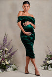 Alyssa Bottle Green Velvet Maternity Bardot Bow Maternity Midi Dress with Ruching