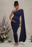 Amaryllis Navy Maternity One Shoulder Maxi Dress with Cape Sleeve