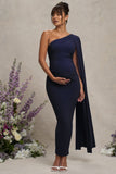 Amaryllis Navy Maternity One Shoulder Maxi Dress with Cape Sleeve