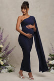 Amaryllis Navy Maternity One Shoulder Maxi Dress with Cape Sleeve
