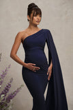 Amaryllis Navy Maternity One Shoulder Maxi Dress with Cape Sleeve