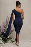 Amaryllis Navy Maternity One Shoulder Maxi Dress with Cape Sleeve