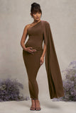 Amaryllis Chocolate Maternity One Shoulder Maxi Dress with Cape Sleeve