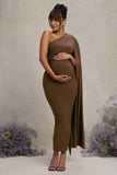 Amaryllis Chocolate Maternity One Shoulder Maxi Dress with Cape Sleeve