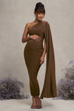 Amaryllis Chocolate Maternity One Shoulder Maxi Dress with Cape Sleeve