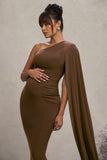 Amaryllis Chocolate Maternity One Shoulder Maxi Dress with Cape Sleeve