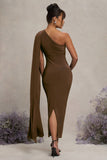 Amaryllis Chocolate Maternity One Shoulder Maxi Dress with Cape Sleeve