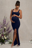 Avril Navy Square Neck Maternity Maxi Dress with Split