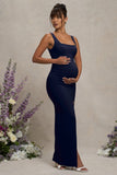 Avril Navy Square Neck Maternity Maxi Dress with Split