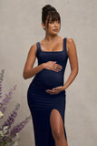 Avril Navy Square Neck Maternity Maxi Dress with Split