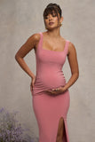 Avril Blush Square Neck Maternity Maxi Dress with Split
