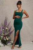 Avril Bottle Green Square Neck Maternity Maxi Dress with Split