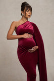 Amaryllis Berry Velvet Maternity One Shoulder Maxi Dress with Cape Sleeve