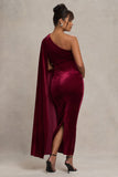 Amaryllis Berry Velvet Maternity One Shoulder Maxi Dress with Cape Sleeve