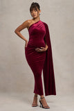 Amaryllis Berry Velvet Maternity One Shoulder Maxi Dress with Cape Sleeve