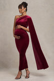 Amaryllis Berry Velvet Maternity One Shoulder Maxi Dress with Cape Sleeve