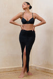 Longing Black Ruched Chiffon Split Maxi Skirt With Drawstrings