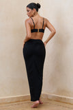Longing Black Ruched Chiffon Split Maxi Skirt With Drawstrings