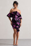 Aspen Black Floral Print Bardot Mini Dress With Ruffles