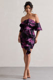 Aspen Black Floral Print Bardot Mini Dress With Ruffles