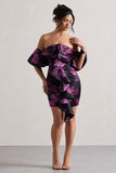 Aspen Black Floral Print Bardot Mini Dress With Ruffles