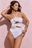Monaco White Halter-Neck Swimsuit With Corsages