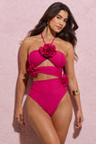 Monaco Dark Pink Halter-Neck Swimsuit With Corsages