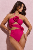 Monaco Dark Pink Halter-Neck Swimsuit With Corsages