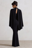 Audrina Black Ruched Halter-Neck Split Maxi Dress With Cape