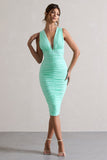 Attract Mint Ruched Plunge-Neck Midi Dress