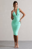 Attract Mint Ruched Plunge-Neck Midi Dress