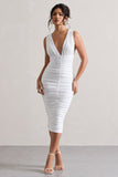 Attract White Ruched Plunge-Neck Midi Dress