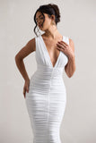 Attract White Ruched Plunge-Neck Midi Dress