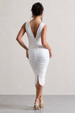 Attract White Ruched Plunge-Neck Midi Dress