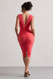 Attract Coral Ruched Plunge-Neck Midi Dress