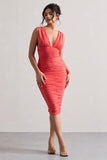 Attract Coral Ruched Plunge-Neck Midi Dress
