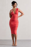 Attract Coral Ruched Plunge-Neck Midi Dress