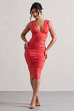 Attract Coral Ruched Plunge-Neck Midi Dress