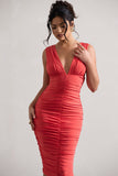 Attract Coral Ruched Plunge-Neck Midi Dress