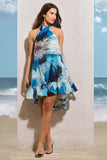 August White Print Halter-Neck Smock Mini Dress
