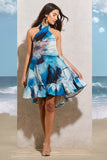 August White Print Halter-Neck Smock Mini Dress