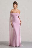 Avant Garde Blush Pink Floral Bardot Fishtail Maxi Dress With Mesh Cape