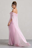 Avant Garde Blush Pink Floral Bardot Fishtail Maxi Dress With Mesh Cape