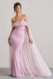 Avant Garde Blush Pink Floral Bardot Fishtail Maxi Dress With Mesh Cape